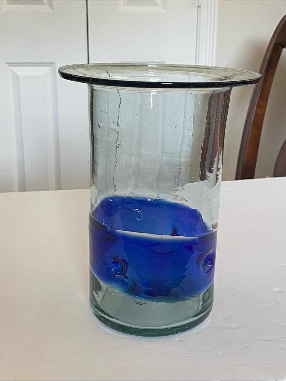 Handblown Mexican 9” Green and Cobalt Blue Glass Vase Thick Heavy Home Accents